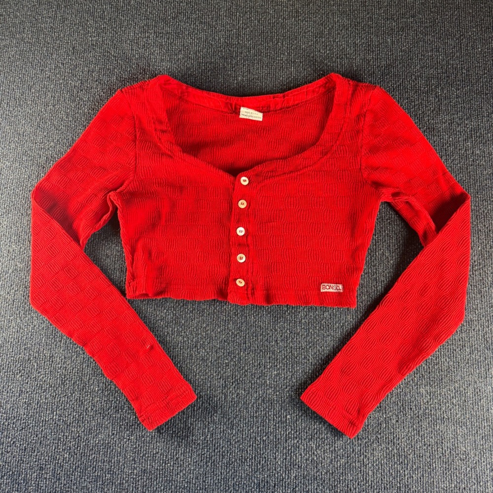 Vintage Bongo Gene Montesano Red Ribbed Crop Top Button Front Long Sleeve Large